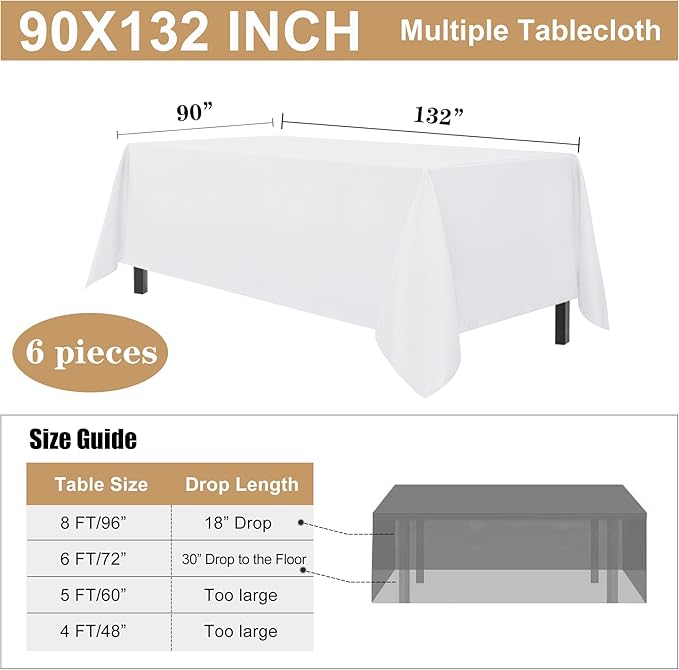 Rectangle Tablecloths, 6 Pack, White Polyester, 90 x 132 Inch
