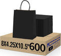 METRONIC Kraft Paper Gift Bags with Handles 8x4.75x10.5 Inch 600 Pcs | Christmas, Birthday Party Favors, Retail Shopping, Small Business Bulk | Black Gift Wrap Bag