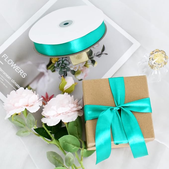 TONIFUL 1 Inch x 100yds Aqua Teal Blue Satin Ribbon, Thin Solid Color Satin Ribbon for Gift Wrapping, Crafts, Hair Bows Making, Wedding Party Decoration, Invitation Cards, Floral Bouquets