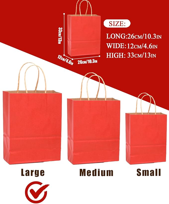 Gift Bags with Handles, Kraft Red, 100 Pack, 13 x 10.3 x 4.6 Inch