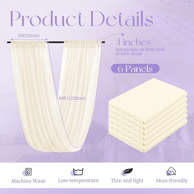 6 Panels Ivory Ceiling Drapes for Wedding, 5ftx40ft Cheesecloth Sheer Fabric Curtain Arch Draping, Romantic Decorations for Party Ceremony Stage