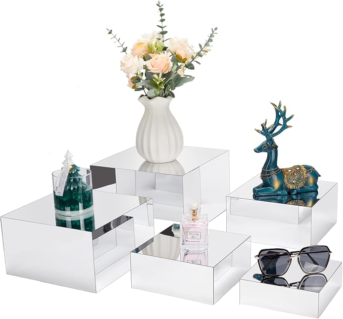Acrylic Risers for Display 5 Pcs, Food Risers for Party Silver Acrylic Risers Display Stands Acrylic Box Nesting Display Risers for Jewelry Bag Cosmetics Catering Dessert Collectibles