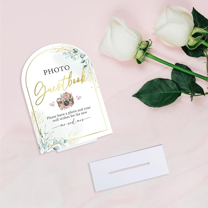 Acrylic Wedding Sign for Ceremony & Reception - 5x7 Inch White Guest Book, Photo Guest Book, Cards & Gifts - Wedding Decor Bundle