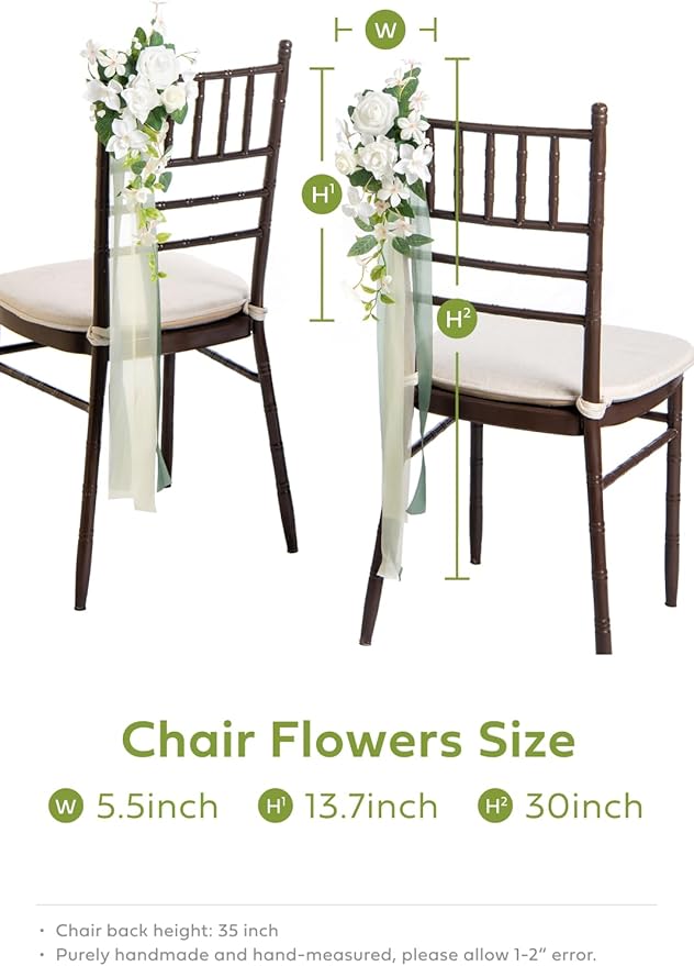 Artificial Flowers Wedding Aisle Pew Markers, 8 Pack White with Ribbon