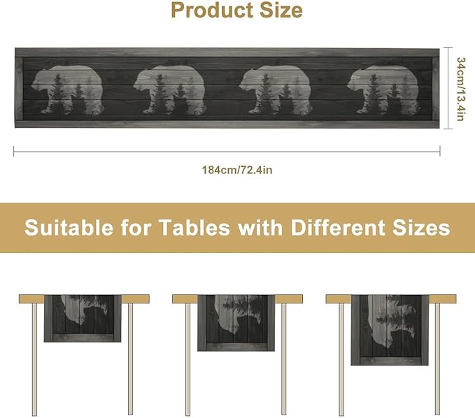 Rustic Country Bear Table Runner, Black Wood Wooden Cabin Wild Animals Hunting Table Cloth for Home Kitchen Dining Table Runner 13x120 Inch