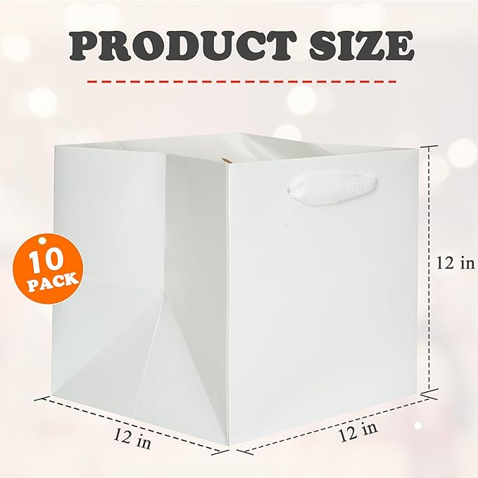 Gift Bags 12-Inch White Square Bottom Pack of 10 with Handles