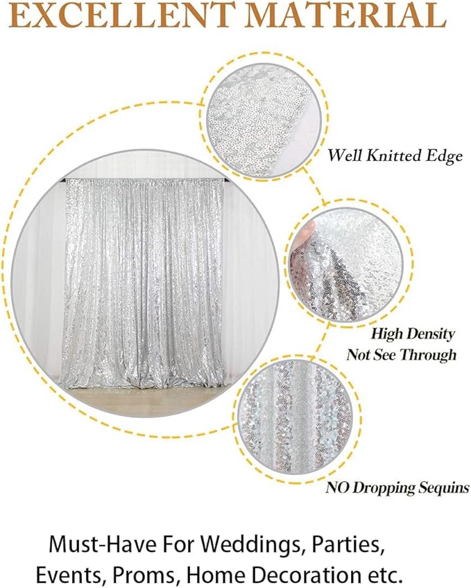 Sequin Backdrop Curtain - Silver, 10 ft x 10 ft, Rod Pocket Design