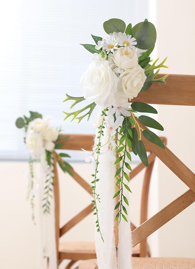 Wedding Aisle Decorations 8pcs Chair Decorations Artificial Flowers for Wedding Ceremony Party Chair Decor with Chiffon Ribbons(White)