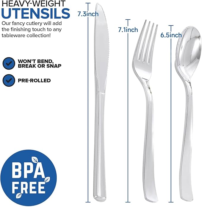 50Guests Pre Rolled Silver Plastic Silverware Sets - Heavy Duty Silver Cutlery - Include 50 Pack Wrapped Disposable Utensils with Napkins for Parties & Dinners & Weddings