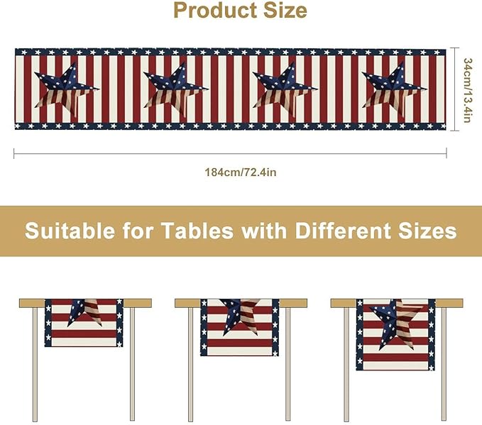 4th of July Table Runner, Patriotic Independence Day American Stars Stripes Flag Print Table Runner for Farmhouse Kitchen Dining Holiday Birthday Party, 13x36inch