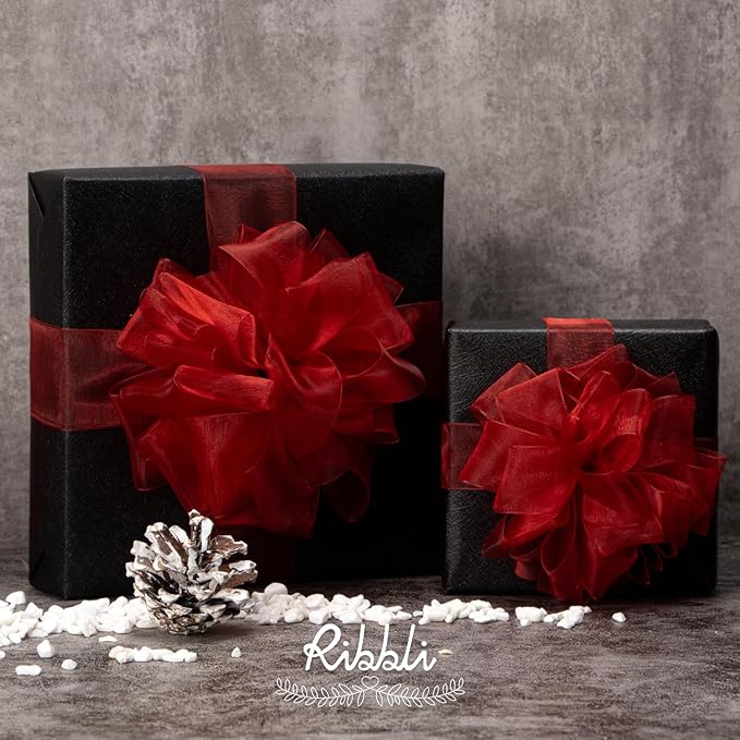 Ribbli Red Sheer Organza Ribbon,1 Inch x Continuous 50 Yard Use for Gift Wrapping,Bouquet Wrapping,Wedding Decoration,All Crafting and Sewing