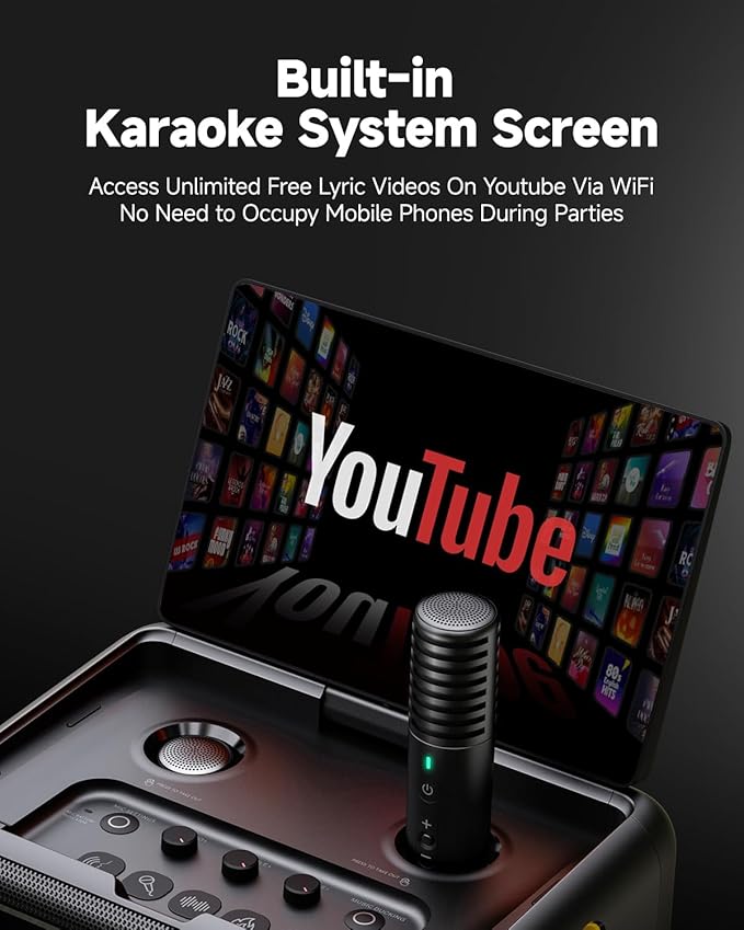 Ikarao Karaoke Machine with Microphone Stand, Portable Bluetooth Speaker for Party, Backyard, Karaoke System with 2 Wireless Microphone for Adults Kids, for Women, Men, Singing Lovers