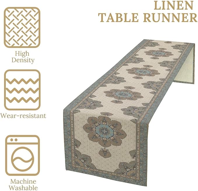 Boho Bohemia Style Table Runner, Vintage Teal Brown Retro Flower Rustic Country Style Floral Print Pattern for Home Kitchen Table Decor Dining Coffee Room Garden Party Decor 13x108in