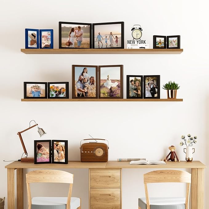 decorUhome Double 6x4 Picture Frame Horizontal, Engineered Wood Bifold Photo Frame with Plexiglass for Tabletop Display, 6x4, Brown