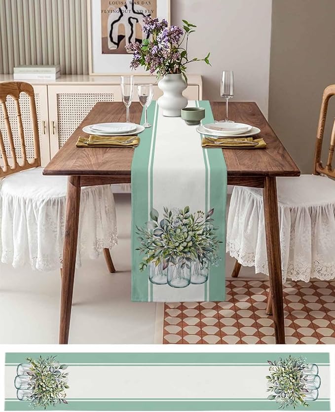 Eucalyptus Cotton Linen Table Runner for Dining Kitchen, Wedding Outdoor Party Tablerunners Decoration, Green Leaves Botanical Plants Watercolor Dresser Scarf Coffee Tablecloth Runners 13x108 Inches