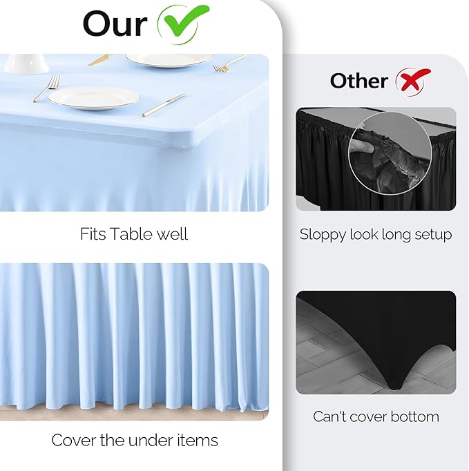 Wish Care 6 Pack Baby Blue Spandex Table Clothes for 6 Foot Rectangle Tables, 6FT Wrinkle Free Fitted Tablecloths Ruffles Design Table Cover for Party, Banquet, Wedding and Events
