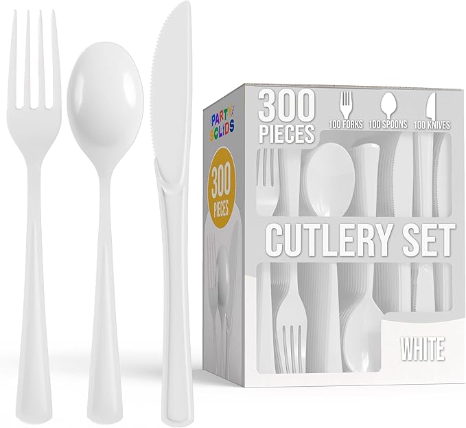 Disposable Plastic Spoons, Forks and Knives Set, 300 Count White