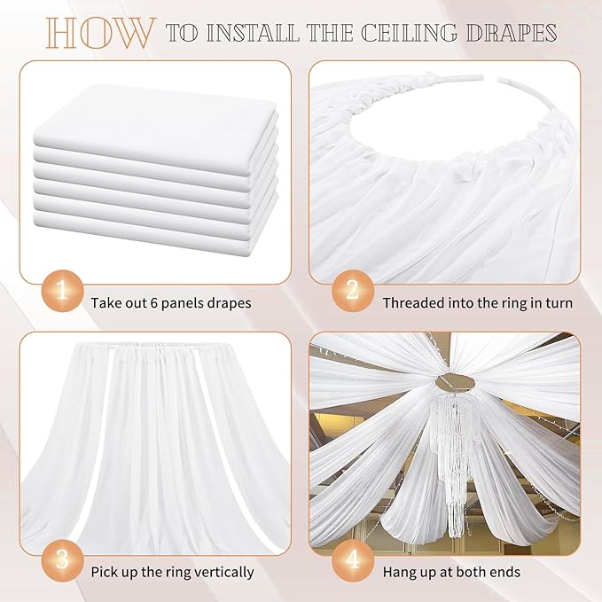 6 Panels White Ceiling Drapes for Wedding 5ftx10ft Sheer Drapery Chiffon Fabric Arch Draping Curtains for Party Ceremony Birthday Baby Shower Reception Stage Ceiling Decorations