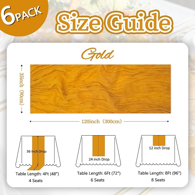 6 Pack Gold Cheesecloth Table Runner 10ft Boho Gauze Fabric Cheese Cloth Table Runner 35 x 120 Inch Rustic Sheer Runner for Romantic Wedding Decor Baby Shower Party Table Centerpiece Decoration