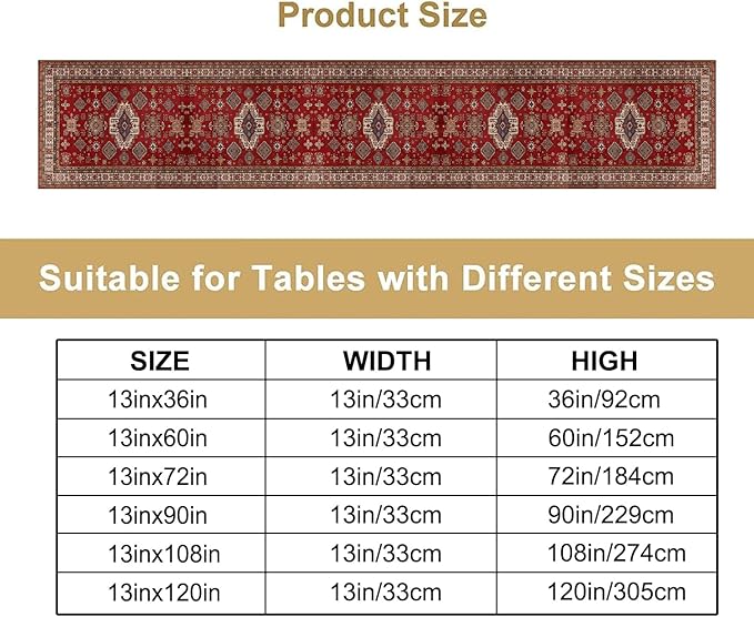 Boho Floral Vintage Table Runner, Retro Red Brown Flower Rustic Country Farmhouse Abstract Pattern for Home Kitchen Table Decor Dining Coffee Room Party Decor 13x108in