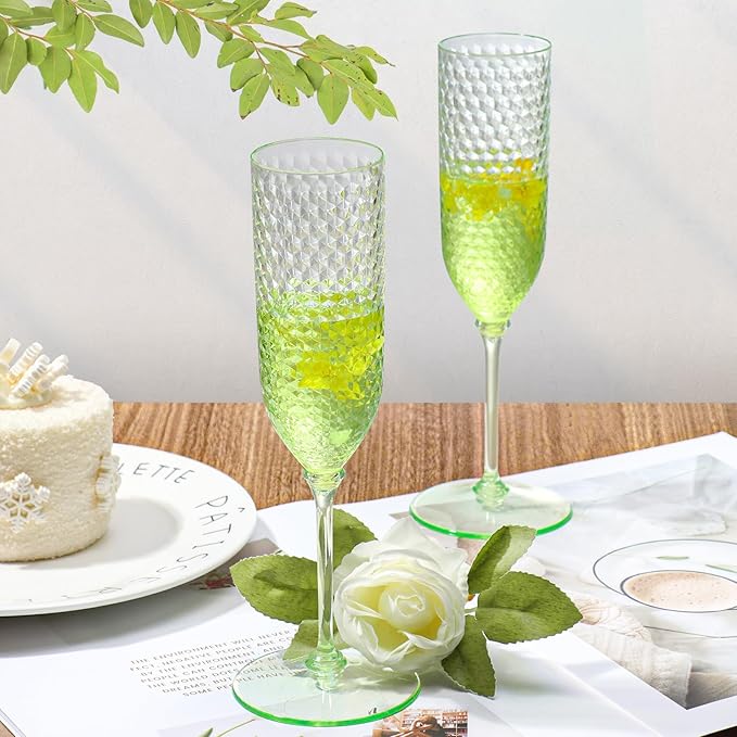 Green Detachable 2-Piece Plastic Champagne Glasses, 5.5 oz Reusable