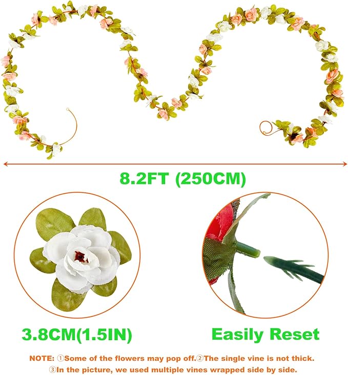 6 Pcs x 8.2 ft Flower Garland Artificial Rose Vine Flowers with Green Leaves Hanging Fake Roses Vine for Room Party Home Wedding Birthday Christmas Wall Arch Decor, White Blue Flower