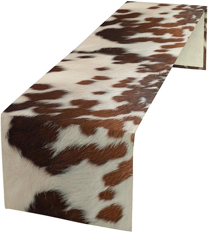 Farmhouse Cow Skin Print Table Runner, Safari Wildlife Brown Country Farm Cowhide Pattern Cotton Linen Rustic Cottage Table Runner for Dinning Home Party Holidays Home Setting, 13x120 Inch