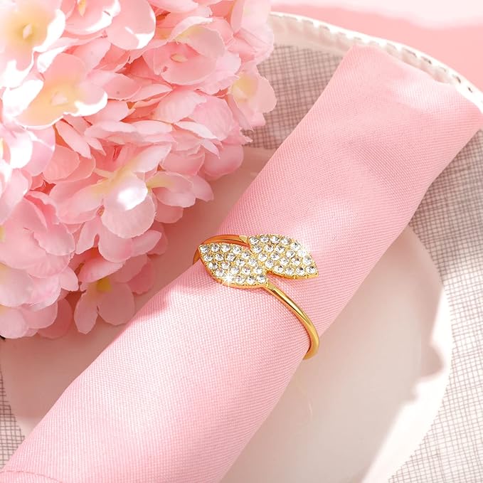 Hotop 12 Piece Napkin Rings Gold Table Decorations, Elegant Bling Leaves Napkin Rings, Rhinestone Guest Towels Buckle for Wedding Gold Party, Thanksgiving Christmas Dinner Banquet Table Decoration