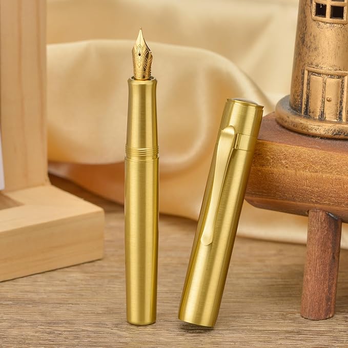 Hongdian M2 Black Forest Mini Fountain Pen, Fine Soft Golden Nib & Sleek Shape Brass Short Pocket Travel Pen (Glossy Brass)