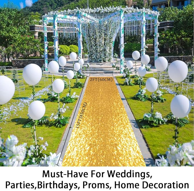 Aisle Runner, Gold Sequin, 2 ft x 15 ft, One-Piece Floor Runner