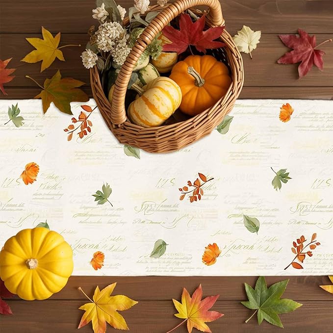 Fall Wildflowers Cotton Linen Table Runner for Dining Kitchen, Thanksgiving Pumpkin Outdoor Party Rustic Tablerunners Decoration,Botanical Floral Vintage Dresser Scarf Tablecloth Runners 13x120 Inches