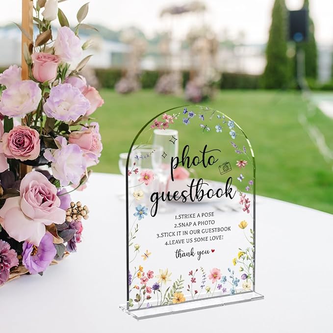 Wedding Sign Decor, Photo Guest Book Sign, Wedding Sign for Reception & Event Party, Bridal Shower Decorations, Wedding Table Sign Accessories for Event 5x7 Inch Arch Acrylic (Flower)