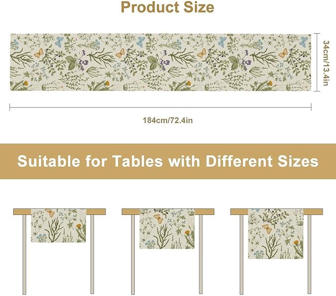 Floral Table Runner,Wildflower Spring Table Runner Seasonal Summer Butterfly Kitchen Dining Table Decoration for Home Party 13x72 Inch
