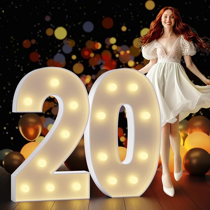 Marquee Number 20 Party Decoration, 3 Ft Foam Board with Yellow Light Strings