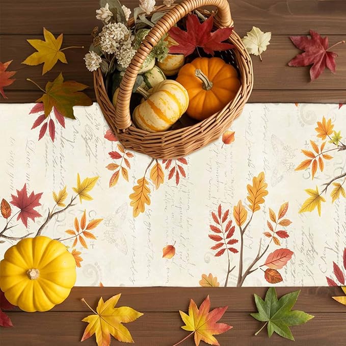 Thanksgiving Fall Cotton Linen Table Runner for Dining Kitchen, Blue Pumpkins Rustic Wedding Outdoor Party Autumn Tablerunners Decoration, Leaves Dresser Scarf Coffee Tablecloth Runners 13x72 Inches