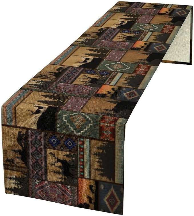 Rustic Cabin Bear Aztec Table Runner, Retro Brown Bear Rustic Theme Geometry Decoration for Home Dinner Party Living Room Bedroom Table Runner 13x108 Inch