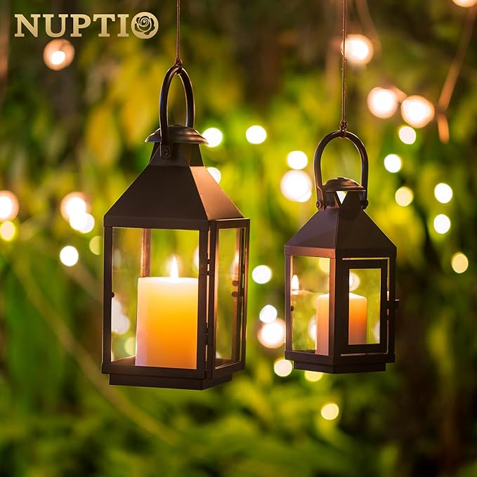 Black Metal Decorative Candle Lantern with Hanging Ring and Flat Base