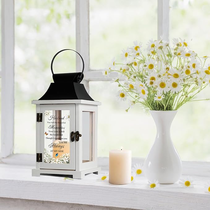 Memorial Candle Lantern with Butterfly Glass, Wood and Iron