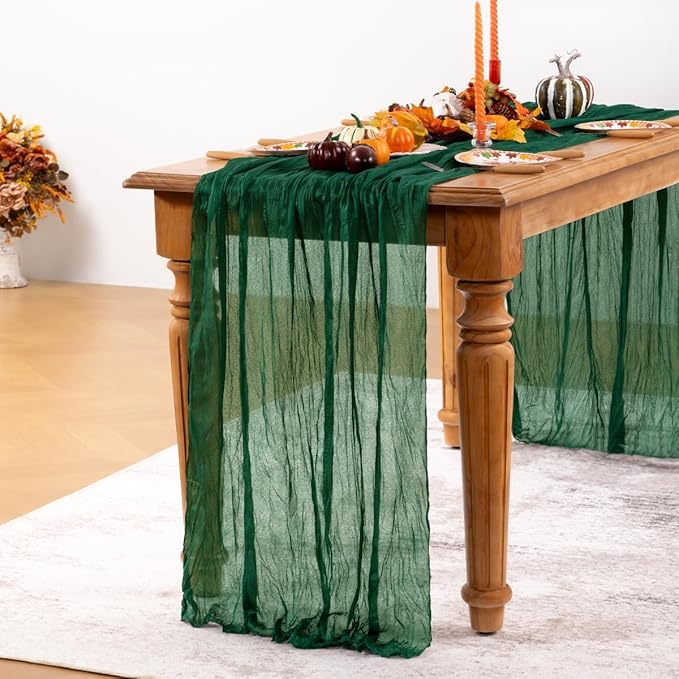 Emerald Green Cheesecloth Table Runner 4 Pack Fall Table Runners Boho Gauze 120 Inches Green Cheese Cloth Fall Table Decorations for Thanksgiving Wedding Bridal Baby Shower Tea Party