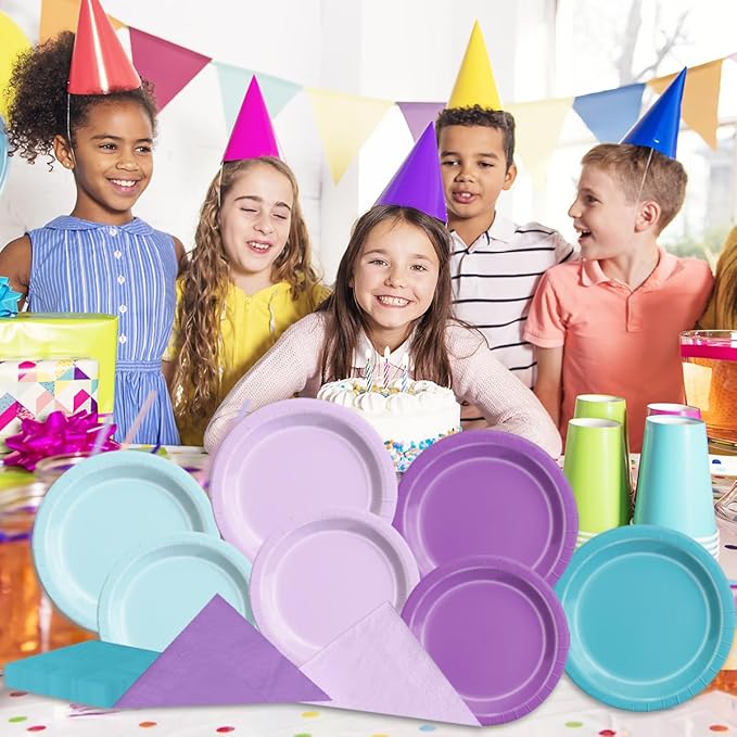 Party Pack Mermaid Paper Plates and Napkins, 150 Pieces in Pink Blue Purple