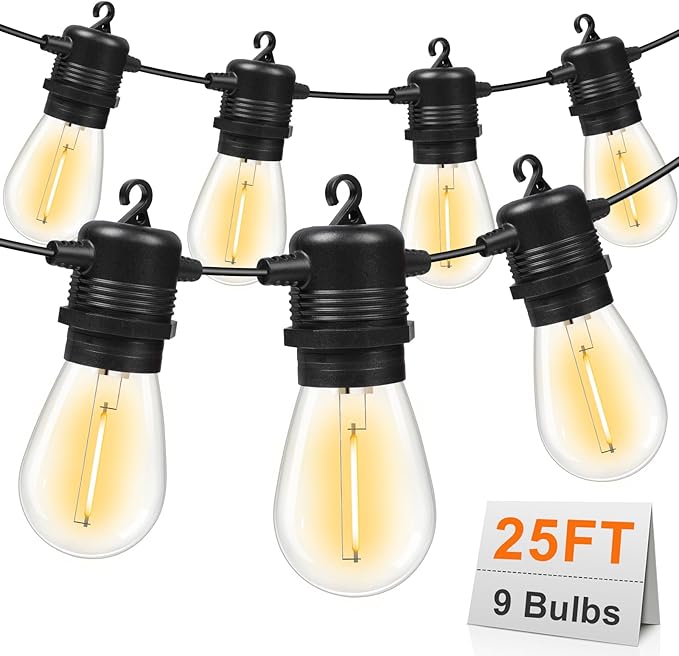String Lights 25 FT, Warm White 2700K Weatherproof with 9 S14 Bulbs