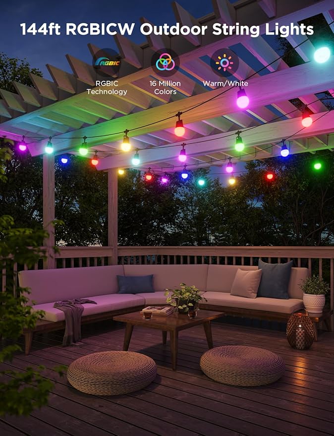 String Lights, Outdoor 144ft Smart LED with Music Sync and App Control