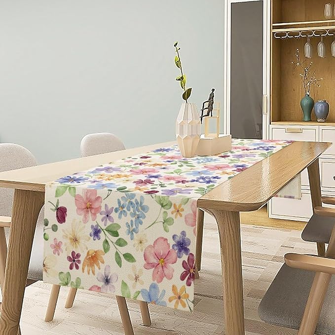 Floral Decorative Table Runner, Watercolor Floral Botanical Rustic Modern Style Pattern Printed Long Table Runner for Restaurant Kitchen Party,13in（33cm） W * 60in（152cm） L