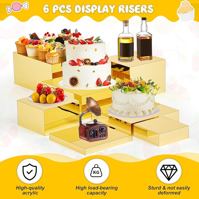 Leinuosen 7 Pcs Large Buffet Risers Set 6" to 12" Acrylic Display Box Catering Dessert Table Riser Food Display Decorative Stand with Hollow Bottom for Catering Supplies(Gold, Square)