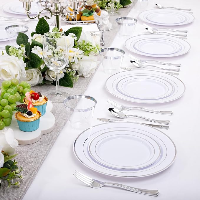 Plates Set with Silver Rim, White Plastic, 300 Pieces Total