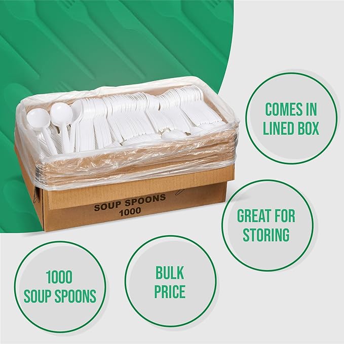 White Plastic Disposable Soup Spoons, 1,000 Count, Medium Weight