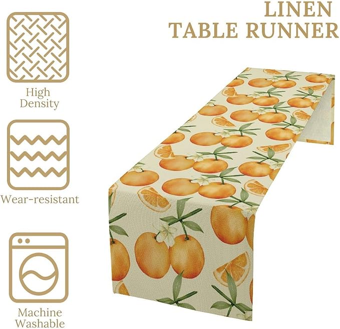Spring Summer Orange Citrus Table Runner Watercolor Sweet Fruit Botanical Print Dinner Runner for Farmhouse Baby Shower Party Holiday Home Kitchen Dining Table Decor 13x108