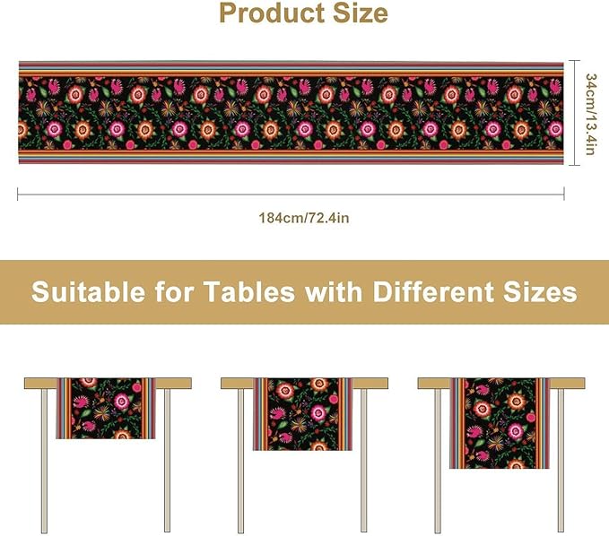 Mexican Table Runner,Colorful Flowers Cinco De Mayo Decor Table Runner for Kitchen Dining Table Home Party Decoration 13x36 Inch