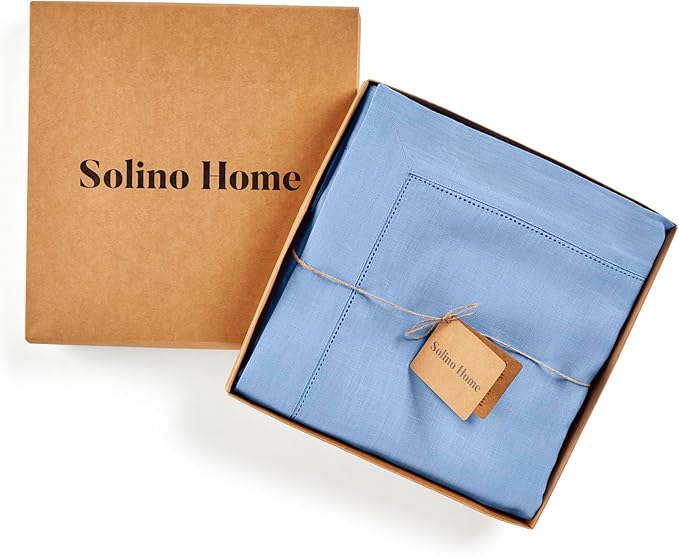 Solino Home Cornflower Blue Linen Tablecloth 60 x 132 Inch - 100% Pure Linen Hemstitch Table Cloth for Rectangle Tables - Classic Hemstitch, Machine Washable Tablecloth