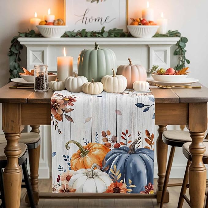Thanksgiving Fall Cotton Linen Table Runner for Dining Kitchen, Pumpkins Eucalyptus Wedding Outdoor Party Tablerunners Decoration Farmhouse Wooden Dresser Scarf Coffee Tablecloth Runners 13x120 Inches